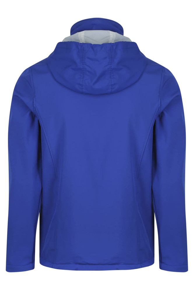 A blue children's jacket featuring a hood, designed with a smooth exterior and an interior lining.