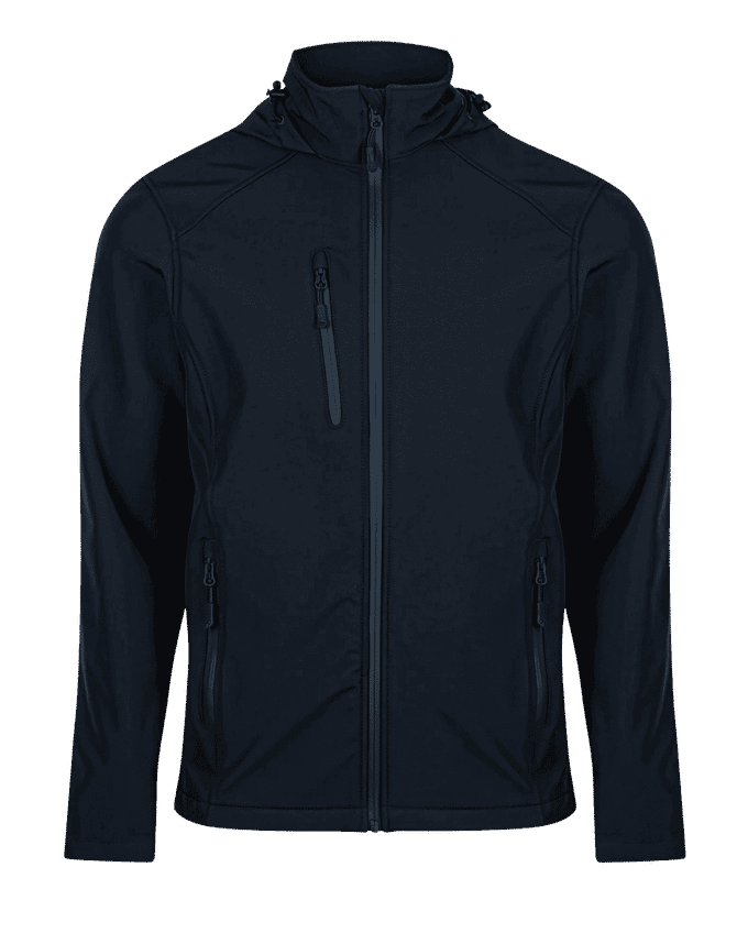 A navy jacket with a hood, featuring zippered pockets and a sleek design, includes a logo.
