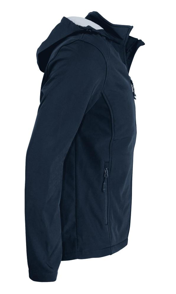 A soft shell jacket in navy blue with a hood and zippered pockets, featuring a logo on the front.