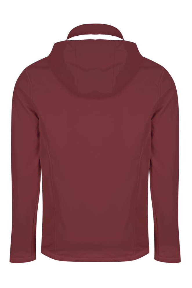 A maroon jacket with a hood, featuring a simple design and a logo on the back.