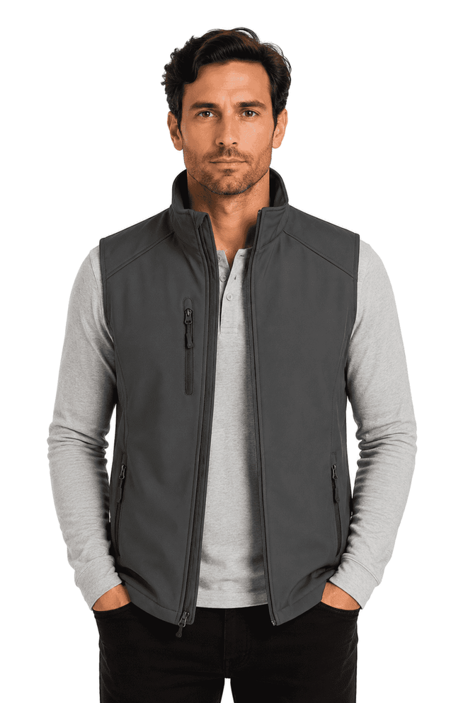 A grey men's vest is displayed, featuring a zippered front and side pockets, with a logo on the chest.