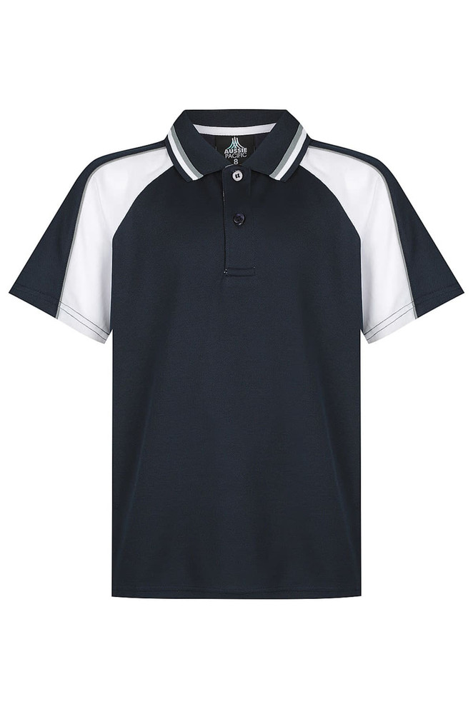 A navy polo shirt with white accents and a collar, featuring a three-button placket and a logo.