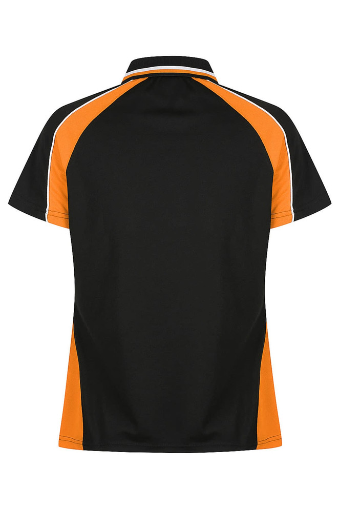 A black polo shirt with orange accents and a logo, featuring a sporty design and short sleeves.