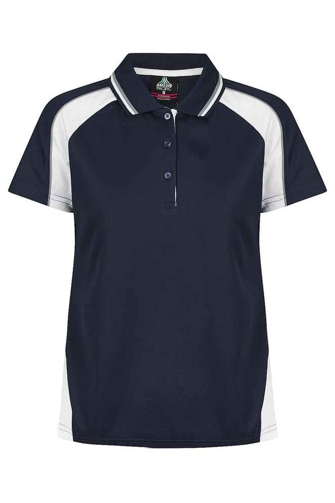 A navy blue polo shirt with white accents and a logo on the chest. Features a classic collar and button closure.