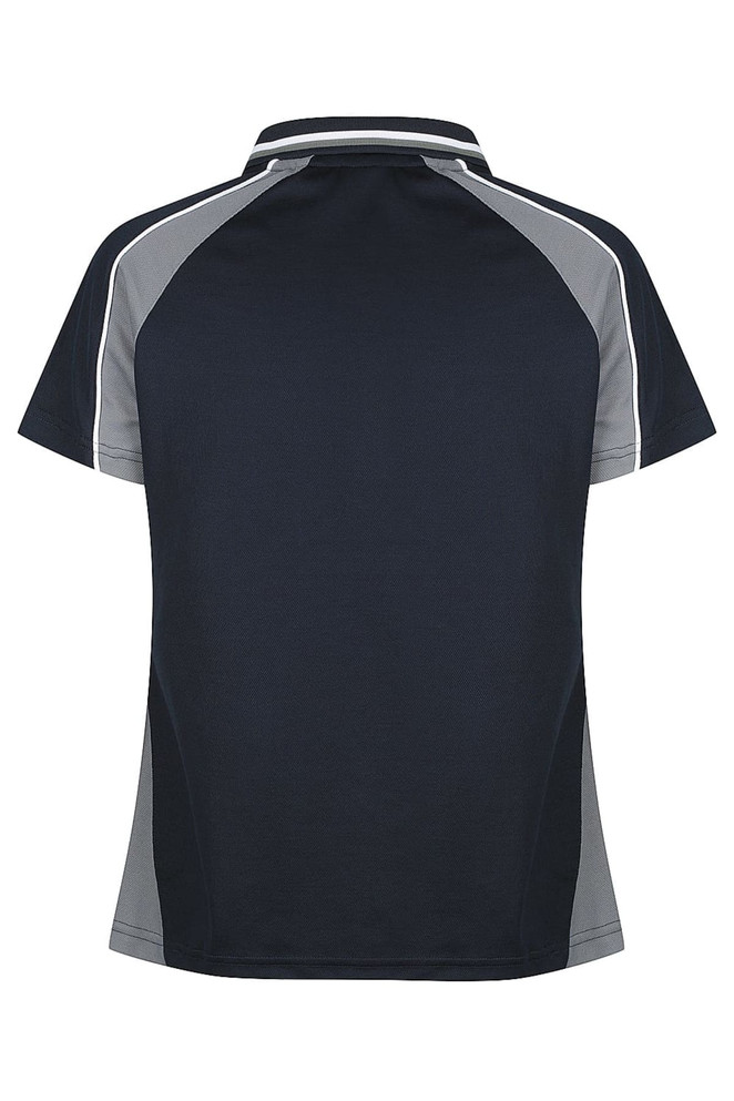 A navy and grey polo shirt with a contrast design and a branding logo.