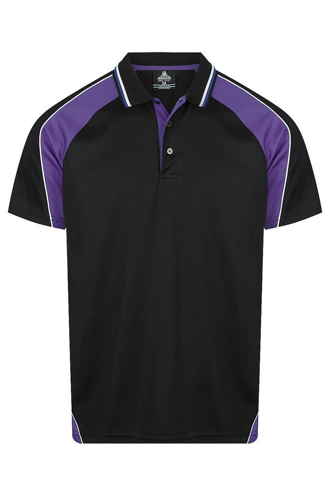 A black polo shirt featuring purple accents and white piping, with a collar and a logo on the chest.
