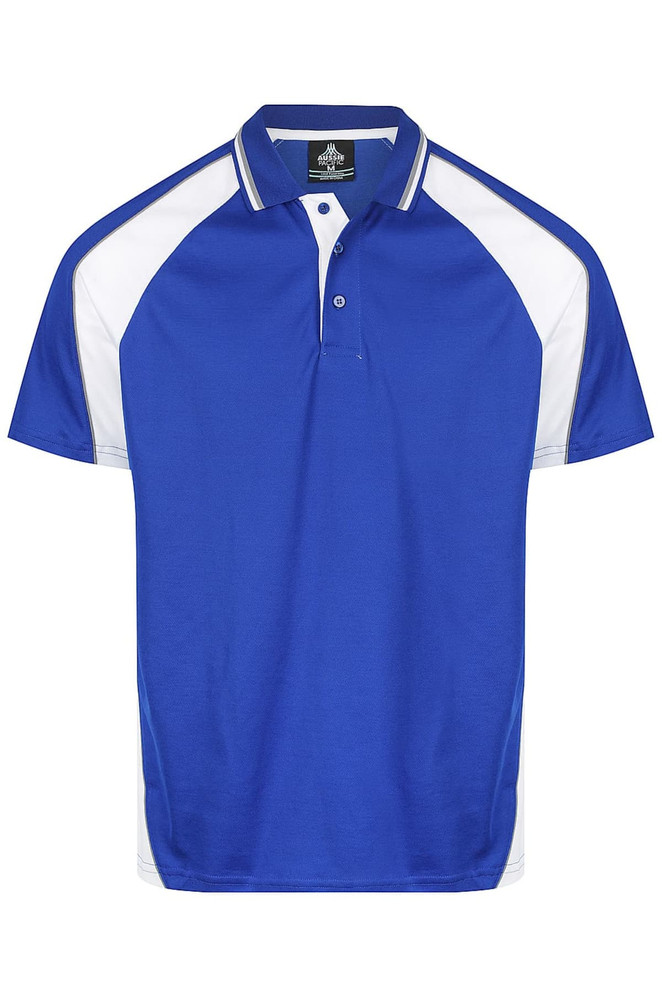 A blue polo shirt with white accents and a logo on the chest, featuring a classic collar and button placket.