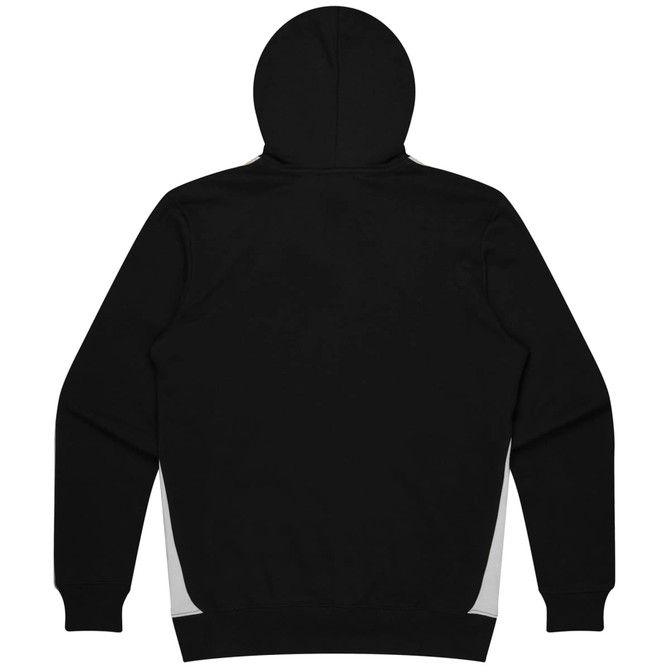 A black hoodie featuring a simple design with grey side panels and a hood. It has a branding logo.