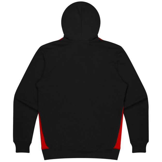 A black hoodie with red side panels, featuring a hood and a simple design. It has a logo on it.