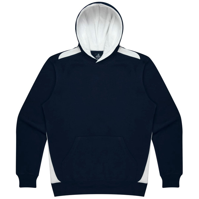 A navy blue hoodie with a light grey interior and contrasting side panels, featuring a front pocket and a logo.