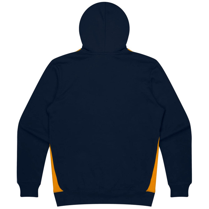 A navy hoodie featuring yellow accents on the sides. It has a hood and long sleeves.