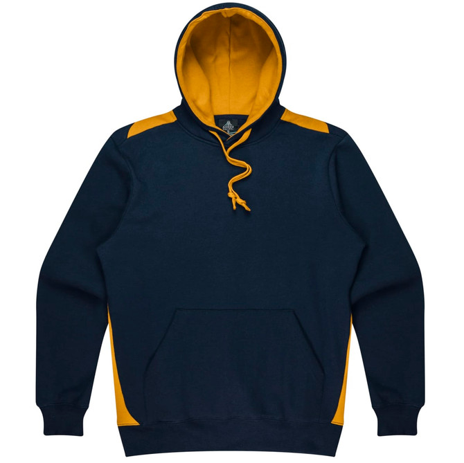 A navy hoodie featuring yellow accents on the shoulders and a front pocket. Includes a drawstring hood.