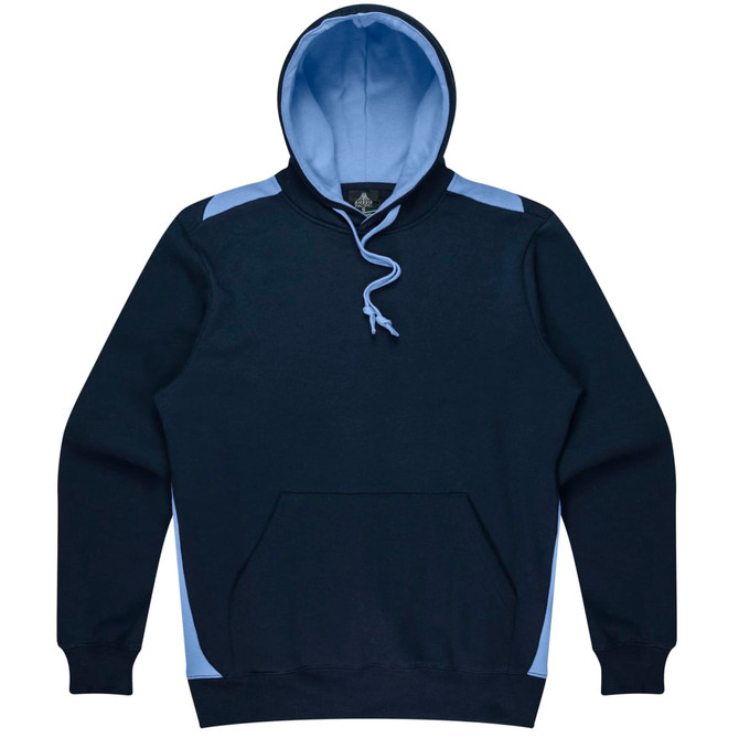 A navy blue hoodie with light blue accents, featuring a pouch pocket and a drawstring hood. It has a logo.