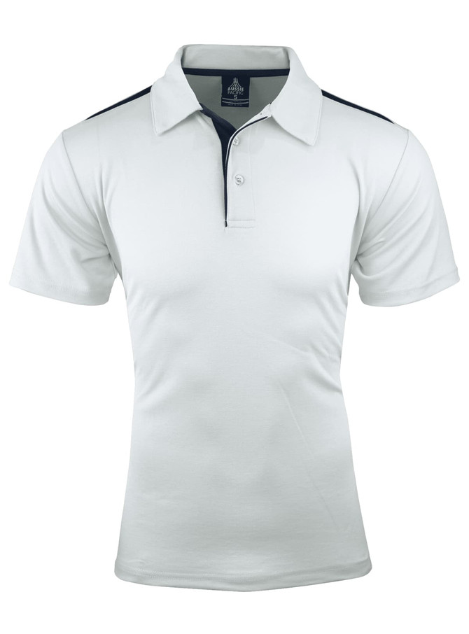 A men's polo shirt in white with navy accents, featuring a collar and three buttons, and a logo on the chest.