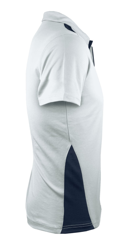 A light grey polo shirt with navy blue side panels and a collar, featuring a logo.
