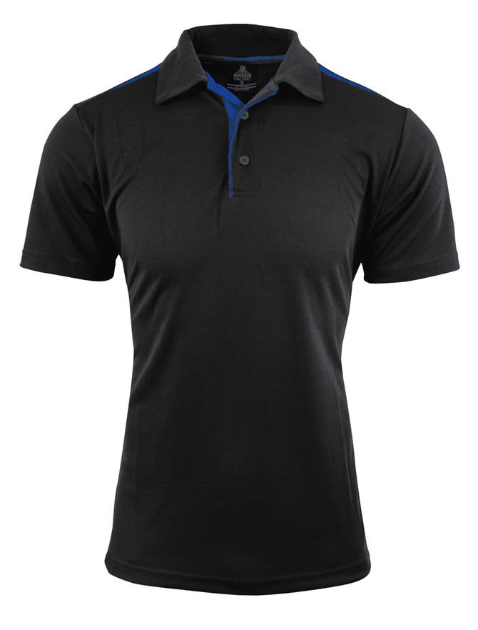 A black polo shirt featuring blue accents and a logo on the chest.