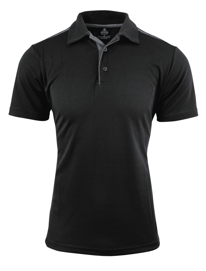 A black polo shirt featuring a classic collar and three-button placket, with a branding logo on the design.