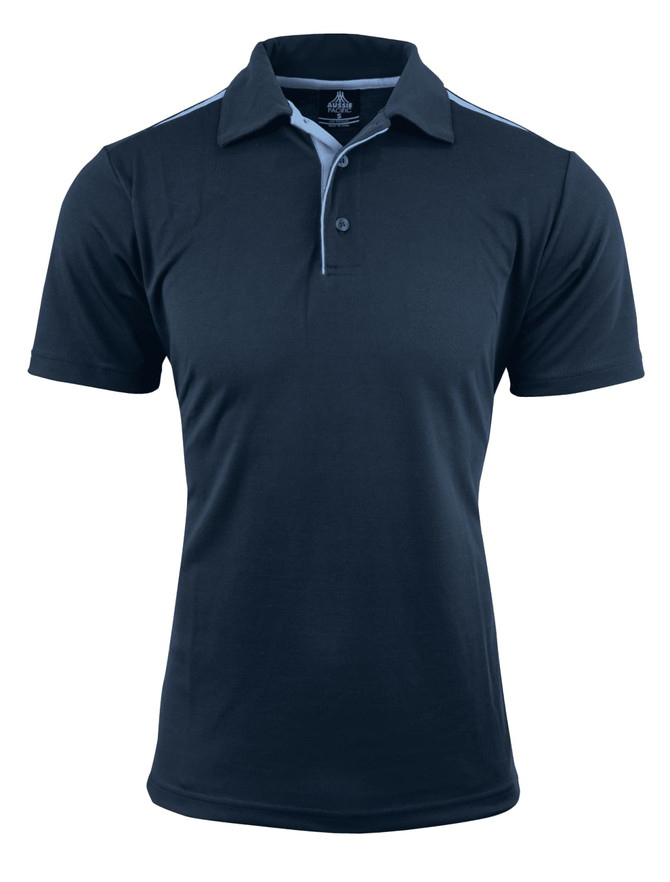 A navy blue polo shirt with light blue detailing and a logo on the chest.