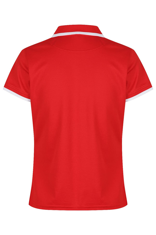 A red polo shirt with a white collar and sleeve detailing, featuring a logo on the front.