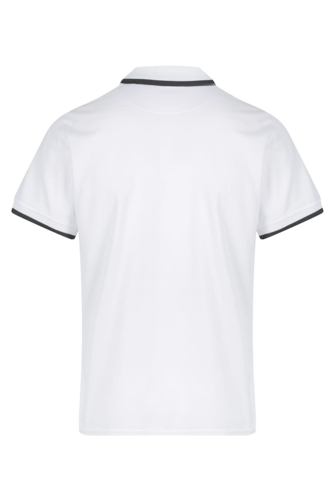 A white polo shirt with contrasting trim and a logo, featuring a classic short-sleeve design.
