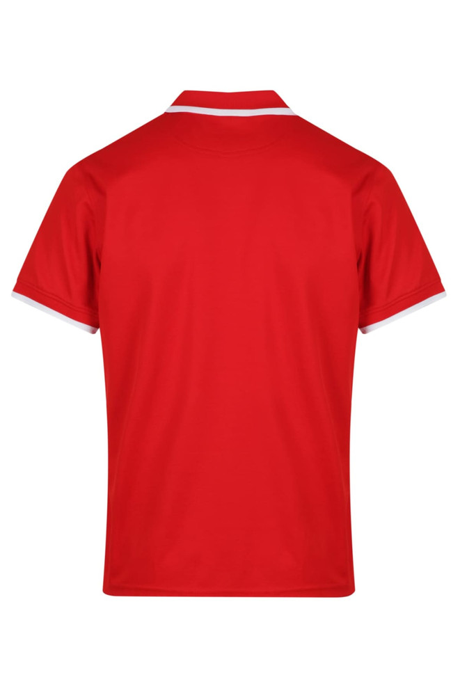 A red polo shirt with a white collar and sleeve accents, featuring a logo.