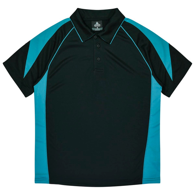A black and teal polo shirt featuring a collared neckline and short sleeves, with a logo on the label.