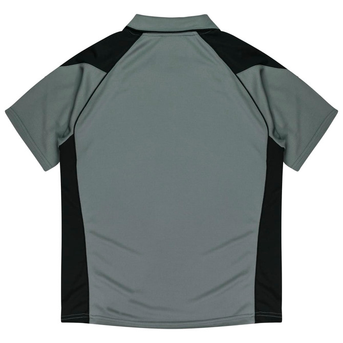 A grey polo shirt with black accents at the shoulders and back, featuring a logo.