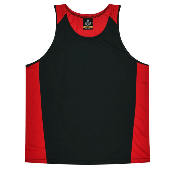 A black and red singlet featuring a logo, designed for kids, with a sporty, sleeveless cut.