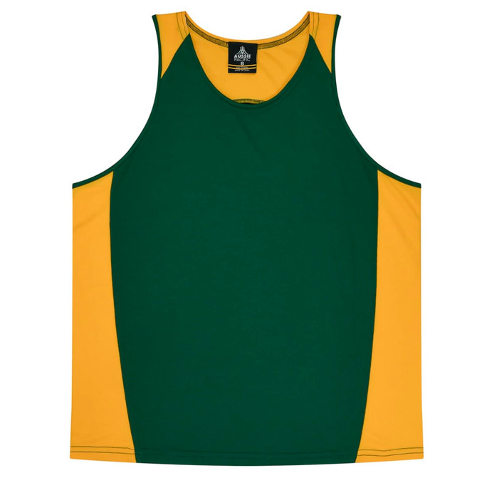 A green and gold singlet with contrasting panels, featuring a logo at the neckline.