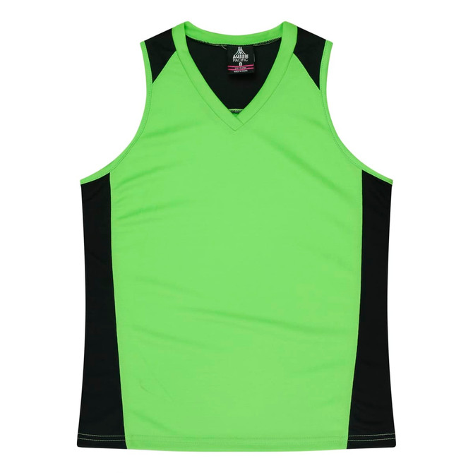 A green and black sleeveless singlet with a v-neck design. It features a logo on the upper back.