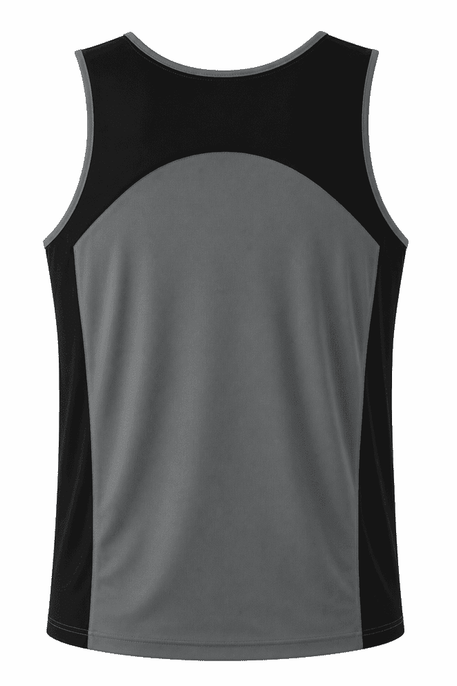 A men's singlet featuring a grey body with black side panels and a branded logo.