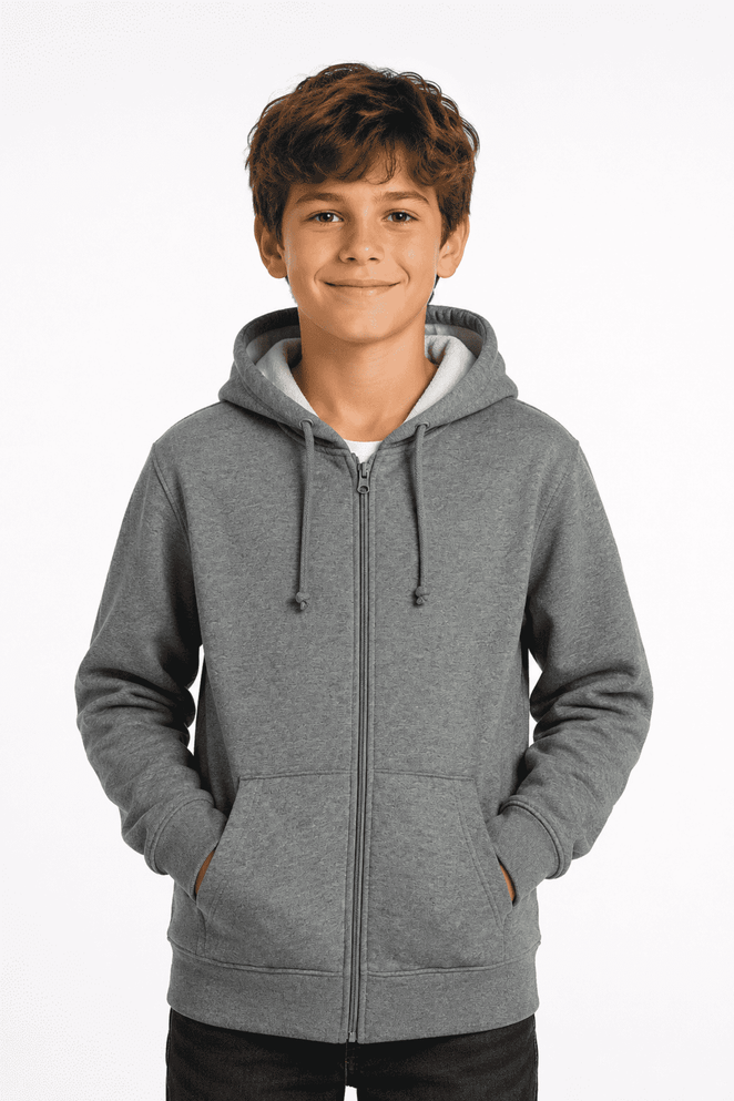 A grey zippered hoodie for kids with a hood and front pockets, featuring a brand logo.