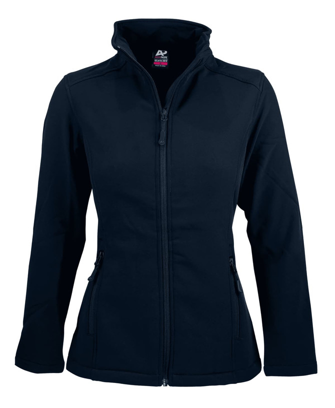 A navy soft shell jacket with a zip front and two side pockets. Features a collar and has a logo.