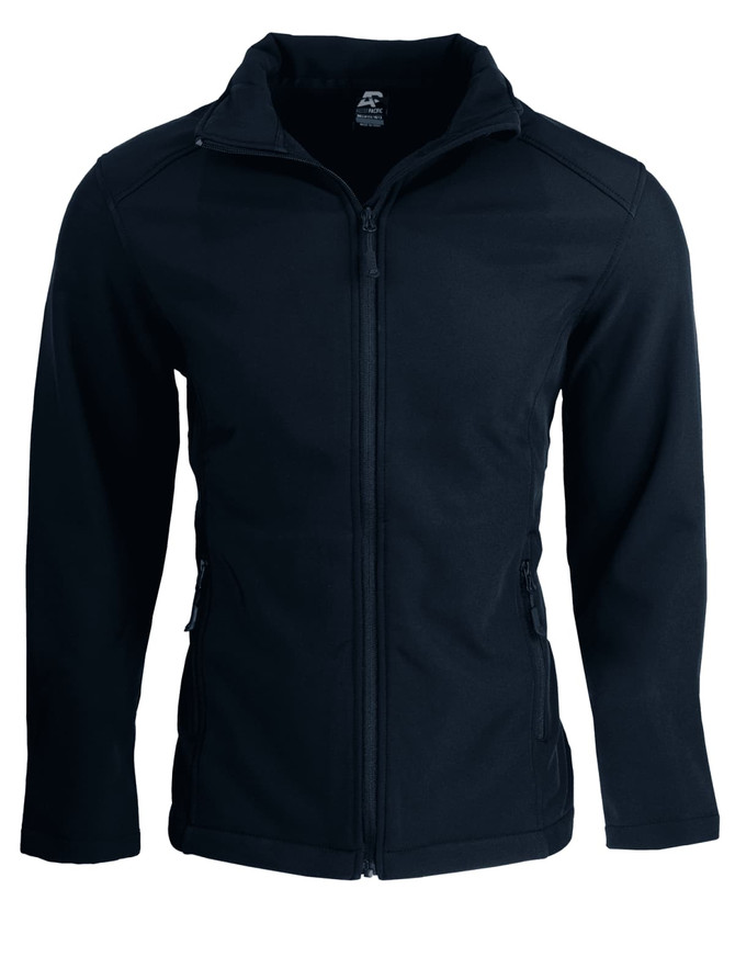 A navy soft shell jacket with a zip front, featuring two side pockets and a logo on the chest.