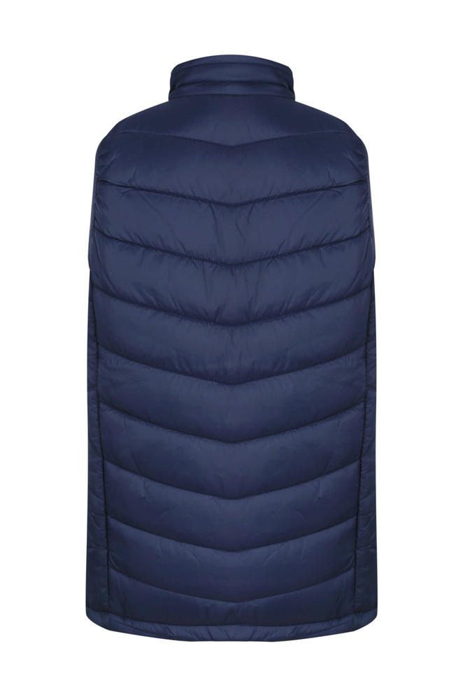 A navy blue puffy vest with a quilted design, featuring a high collar and no visible front opening.