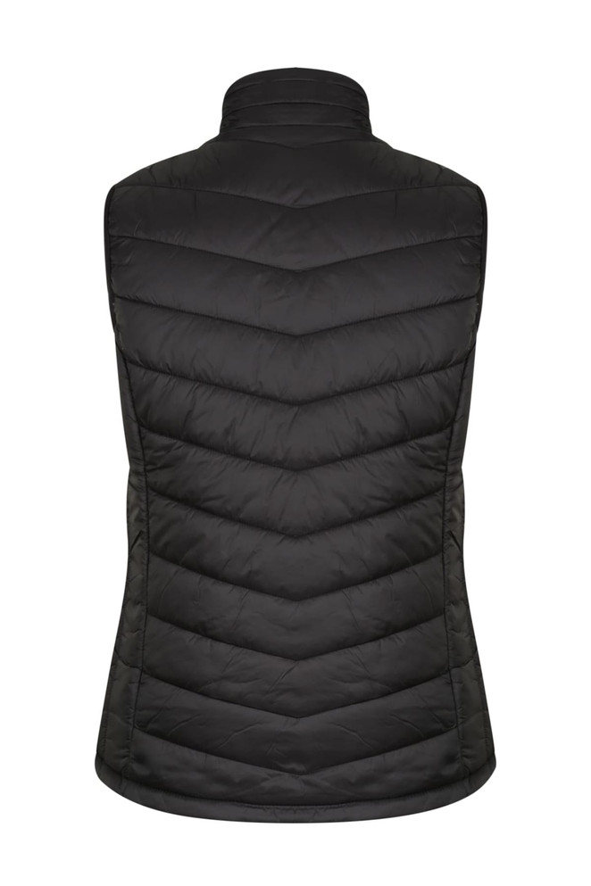 A black padded vest with a chevron pattern, featuring a high collar and no visible logos or branding.