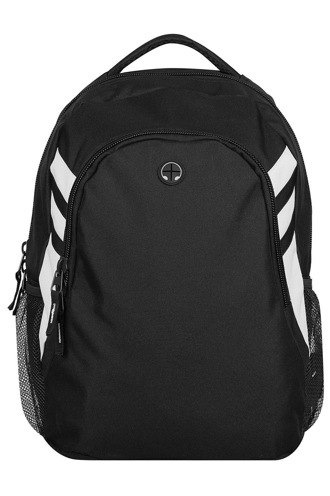 A black backpack featuring white stripes and a side mesh pocket, equipped with a prominent logo.