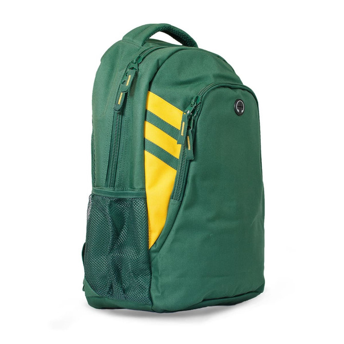 A green and yellow backpack with zippered compartments and a mesh side pocket; features a logo.