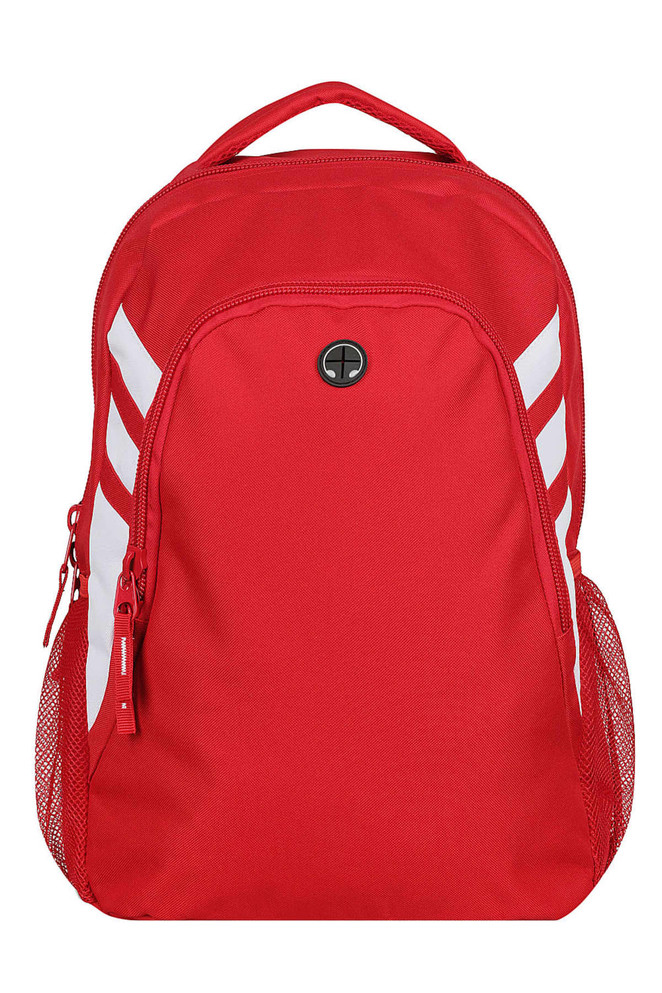 A red backpack with white stripes and a side mesh pocket, featuring a logo on the front.