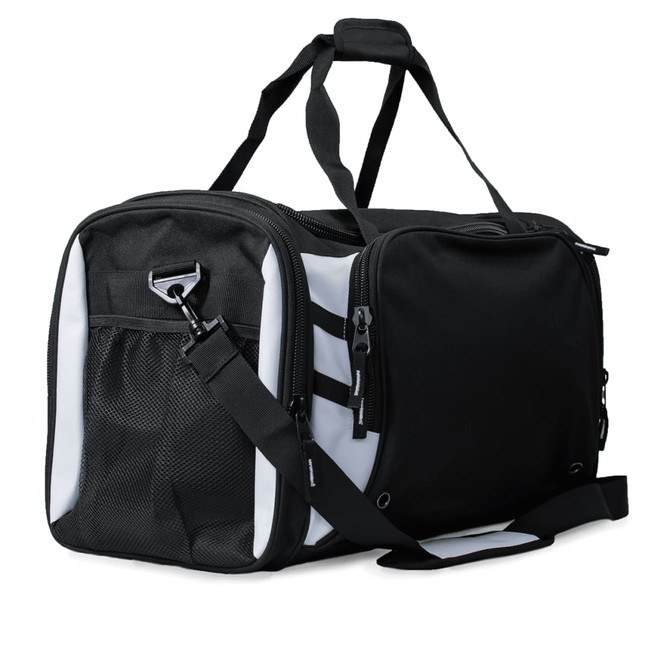 A black and white duffle bag with multiple compartments and a detachable shoulder strap, featuring a logo.