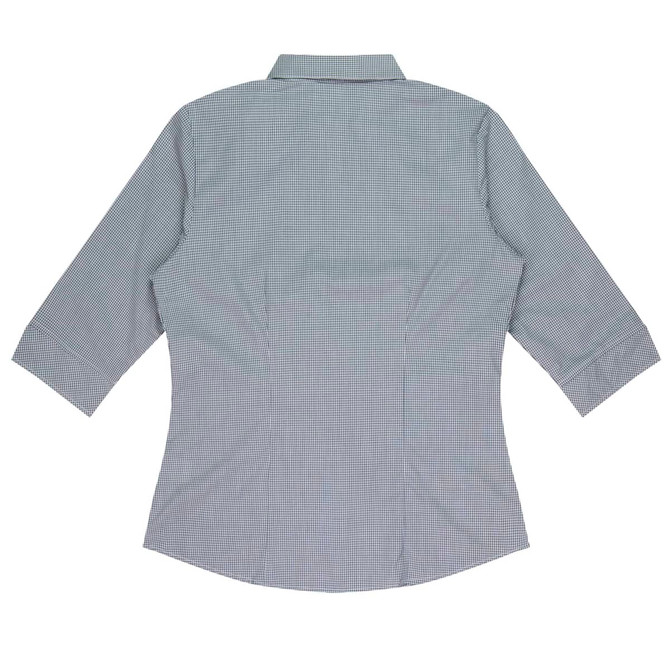 A 3/4 sleeve, button-up shirt in a checked pattern, featuring a collar and no visible front design.