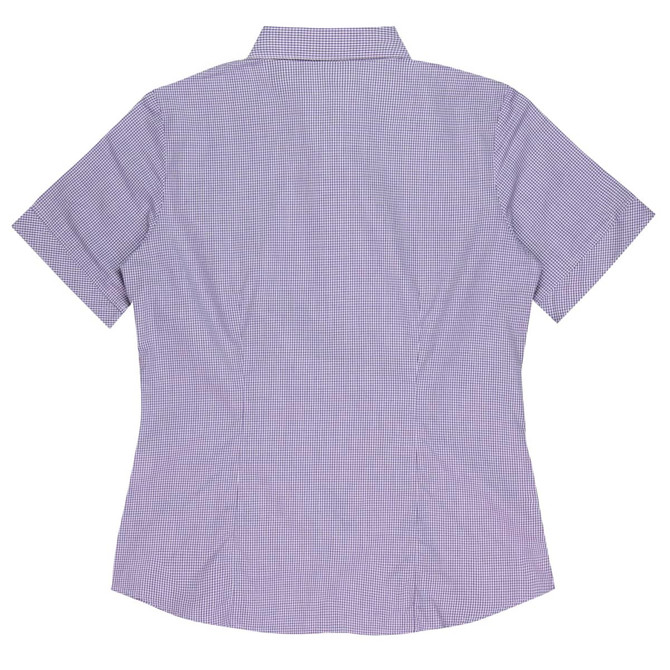A short-sleeve button-up shirt in a checkered pattern, featuring a collar and a fitted design.