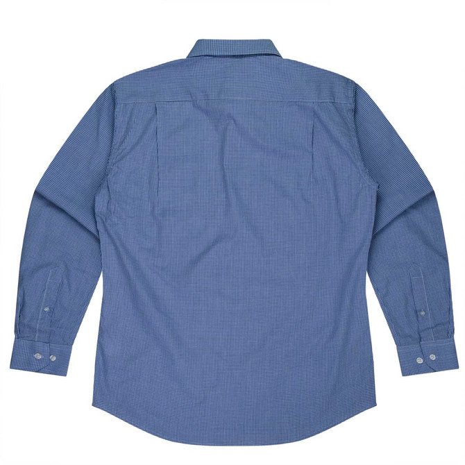 A blue long-sleeve button-up shirt with a checked pattern and a back yoke design. Features branding.