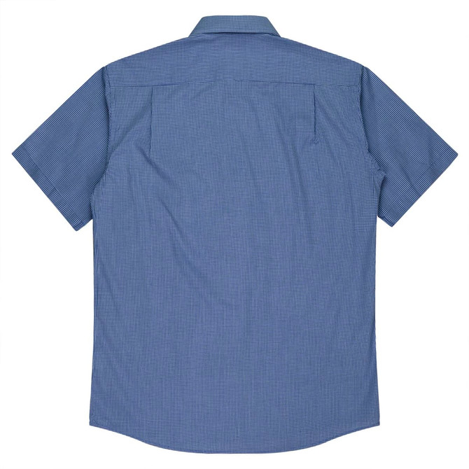 A short-sleeve men’s button-up shirt in blue with a check pattern and a logo.