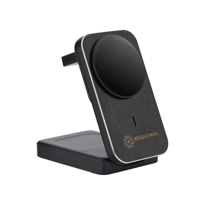 A wireless charger in black with a sturdy base and an elevated charging pad. It features a logo.