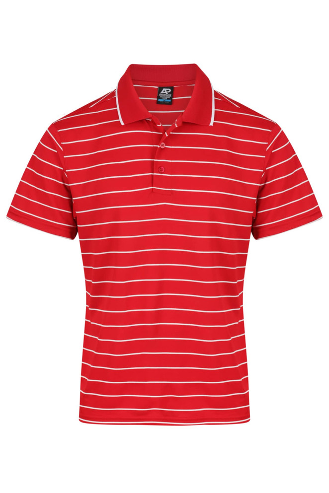 A red polo shirt with white horizontal stripes and a collar. The shirt features a logo on the front.