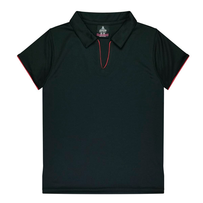 A black polo shirt featuring a collar and red accent details, with a logo at the neckline.