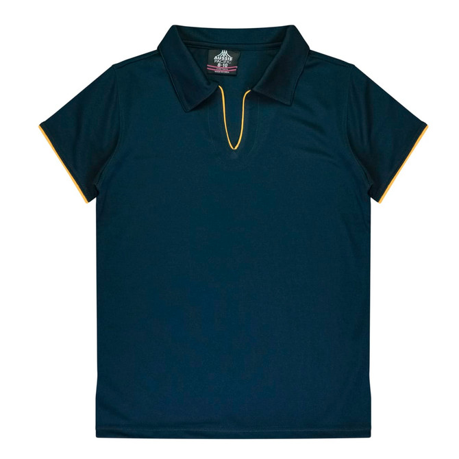A dark navy polo shirt featuring yellow detailing, with a collar and short sleeves. The shirt has a logo on the inside.