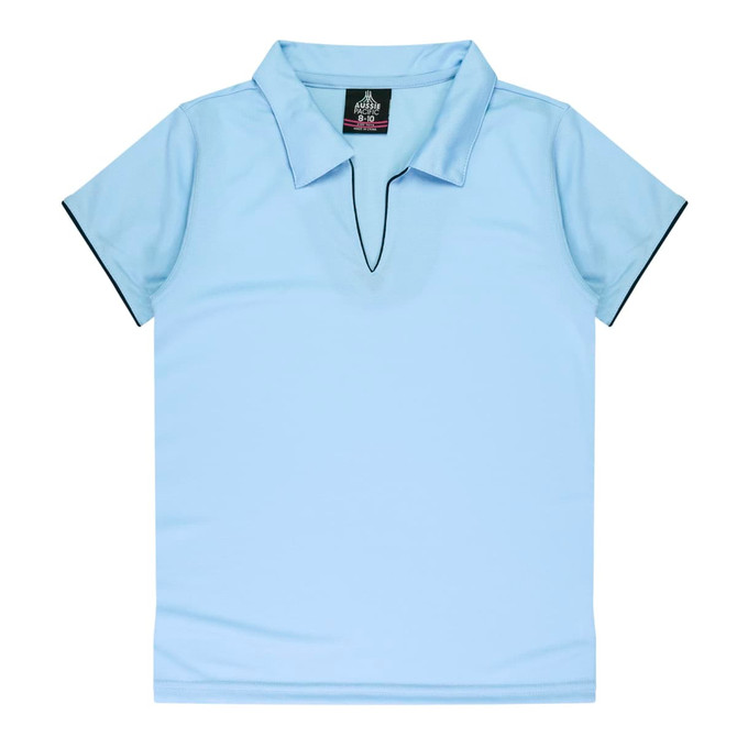 Light blue polo shirt with a collar and contrasting black detailing, featuring a logo.