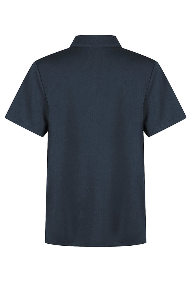 A dark navy polo shirt for kids, featuring a classic collar and short sleeves. It has a logo on the chest.
